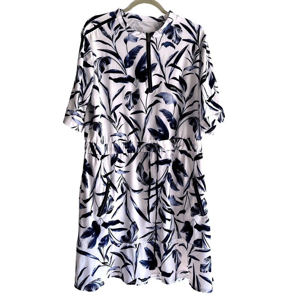 TAIL Womens Drawstring Waist Zipper Front Dress Tunic XXL Blue White Resort OOTD